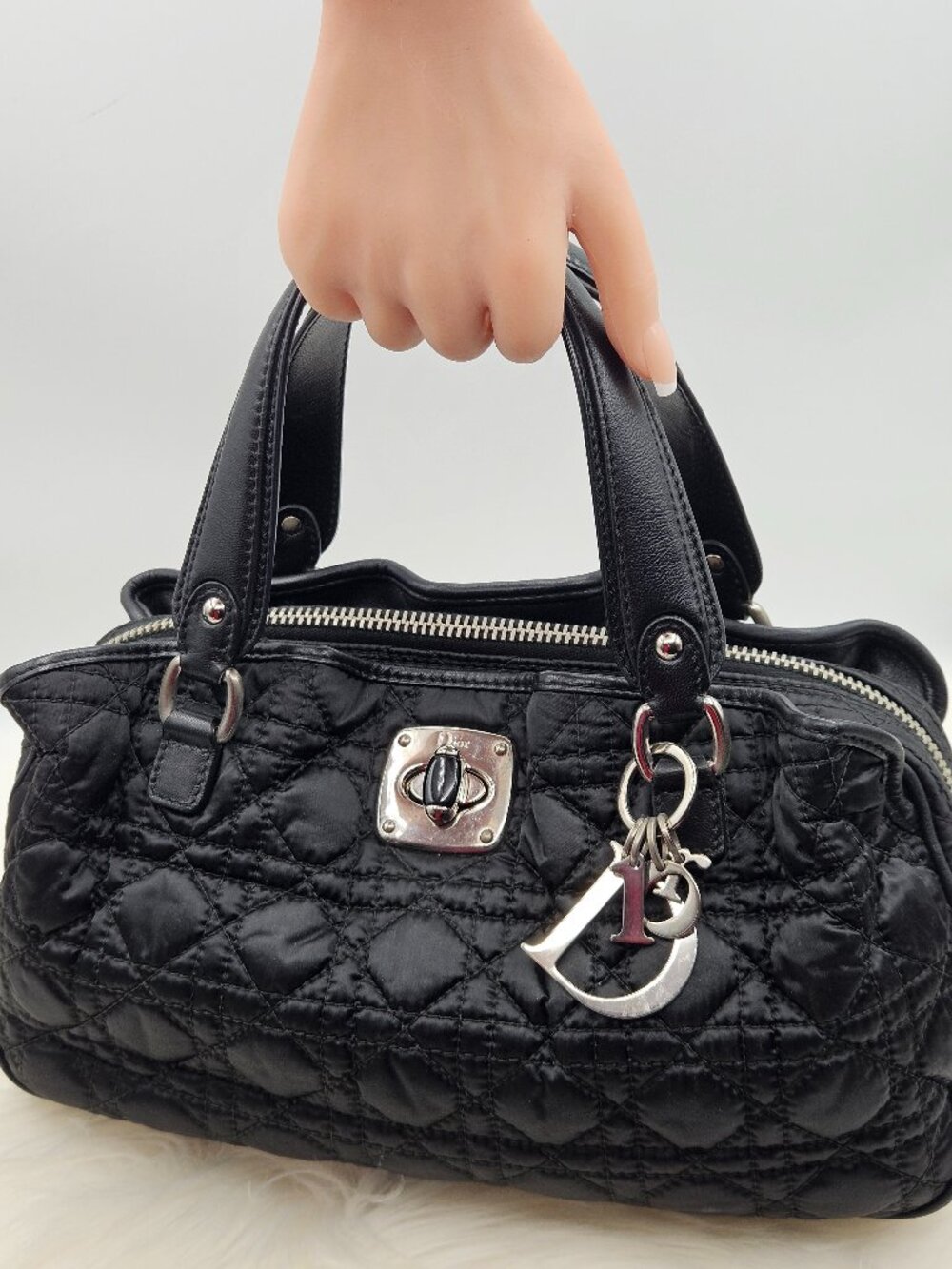 Christian Dior  Black Nylon Cannage Charming Lock Satchel Bag